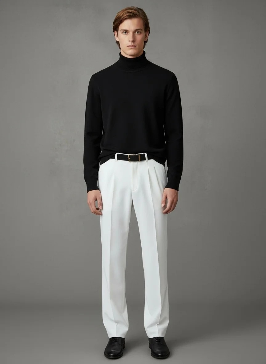 Yeni Sezon Kemerli İtalyan Kumaş Kalın Kışlık Casual Pantalon - BEYAZ