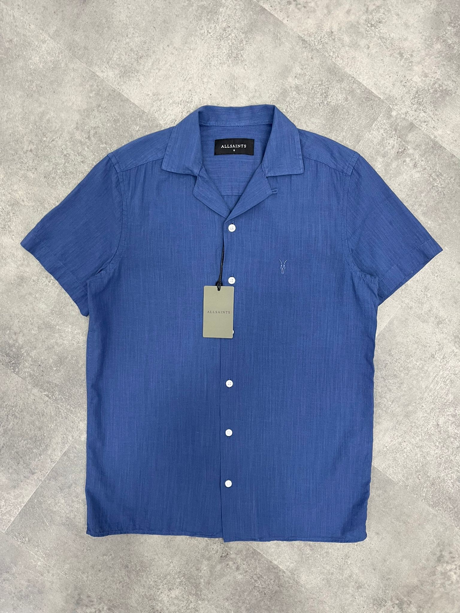 Yeni Sezon Basic Mini Logo Yarım Kollu Keten Blue Gömlek