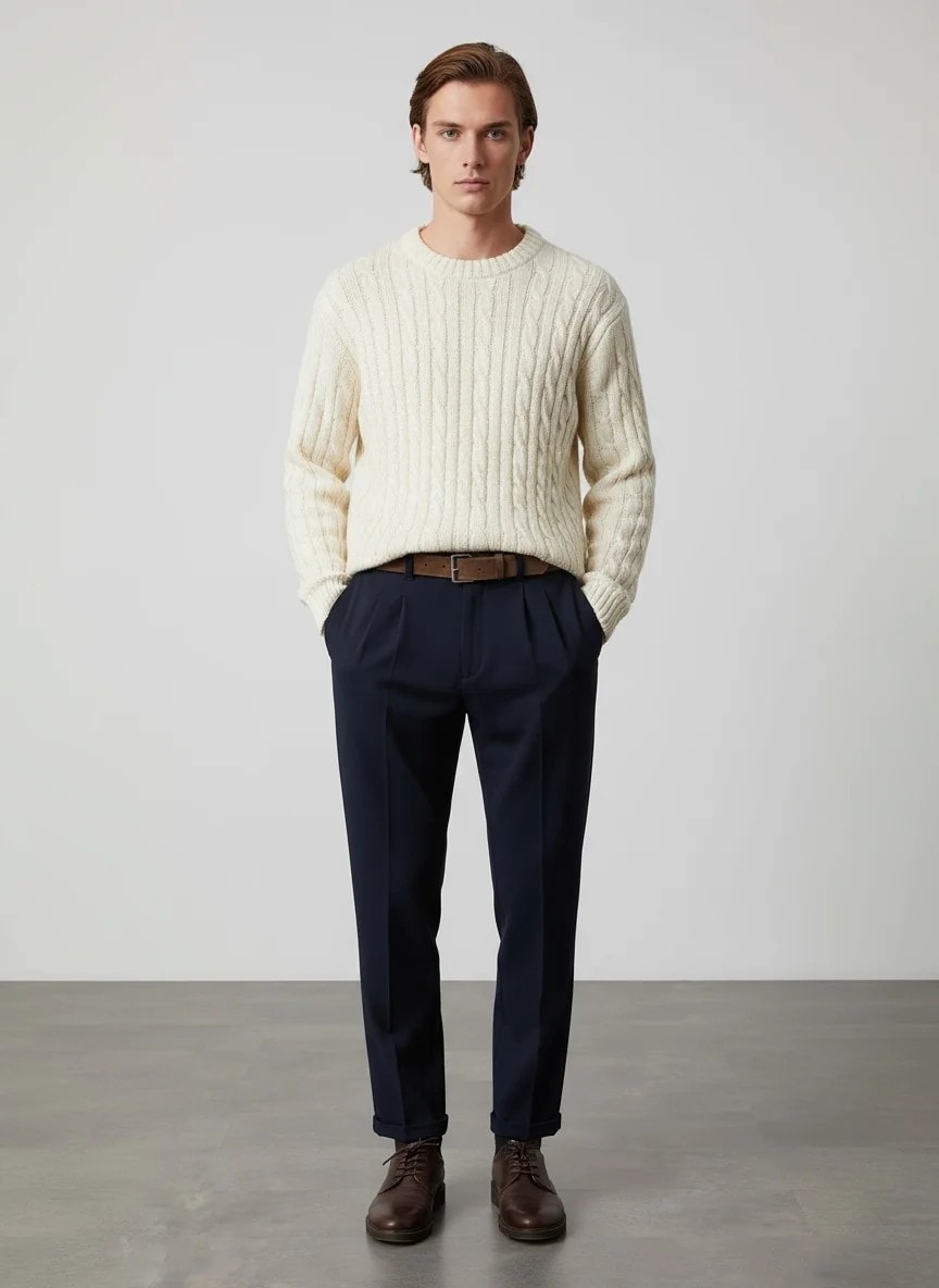 Yeni Sezon Kemerli İtalyan Kumaş Kalın Kışlık Casual Pantalon - LACİVERT