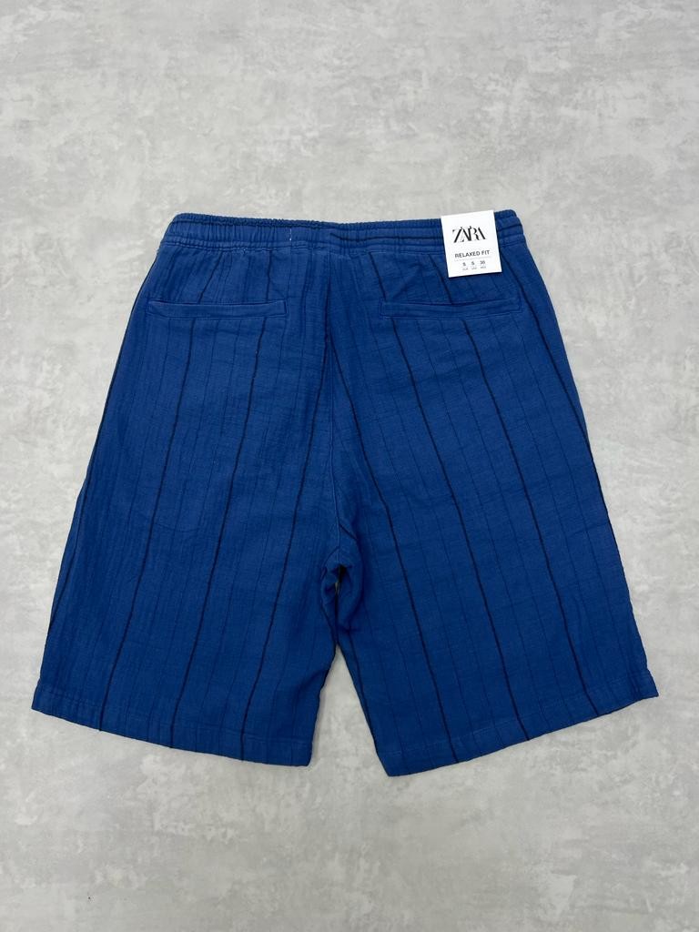 Blue Basic Çizgili Keten Slim Şort