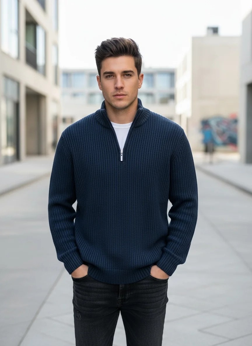 Yeni Sezon Premium Özel Örgü Yarım Fermuarlı Sweatshirt - MAVİ