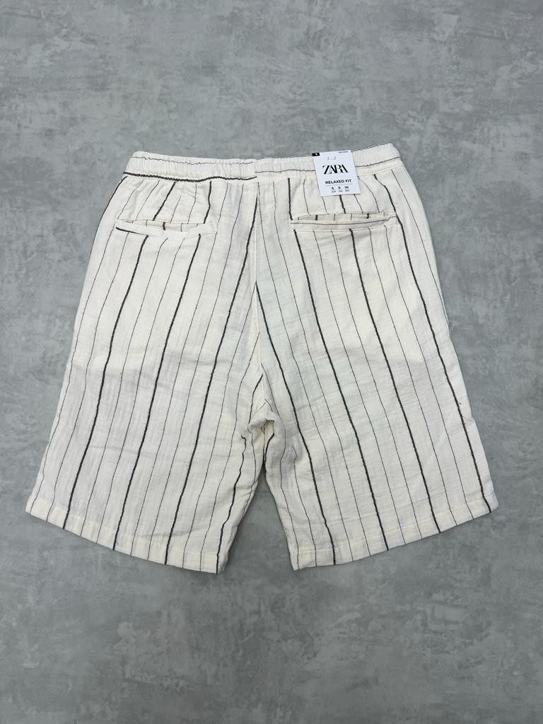 Cream Basic Çizgili Keten Slim Şort