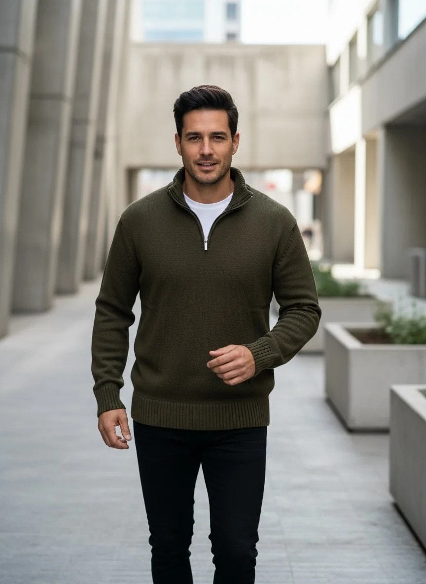 Yeni Sezon Premium Özel Örgü Yarım Fermuarlı Sweatshirt - HAKİ