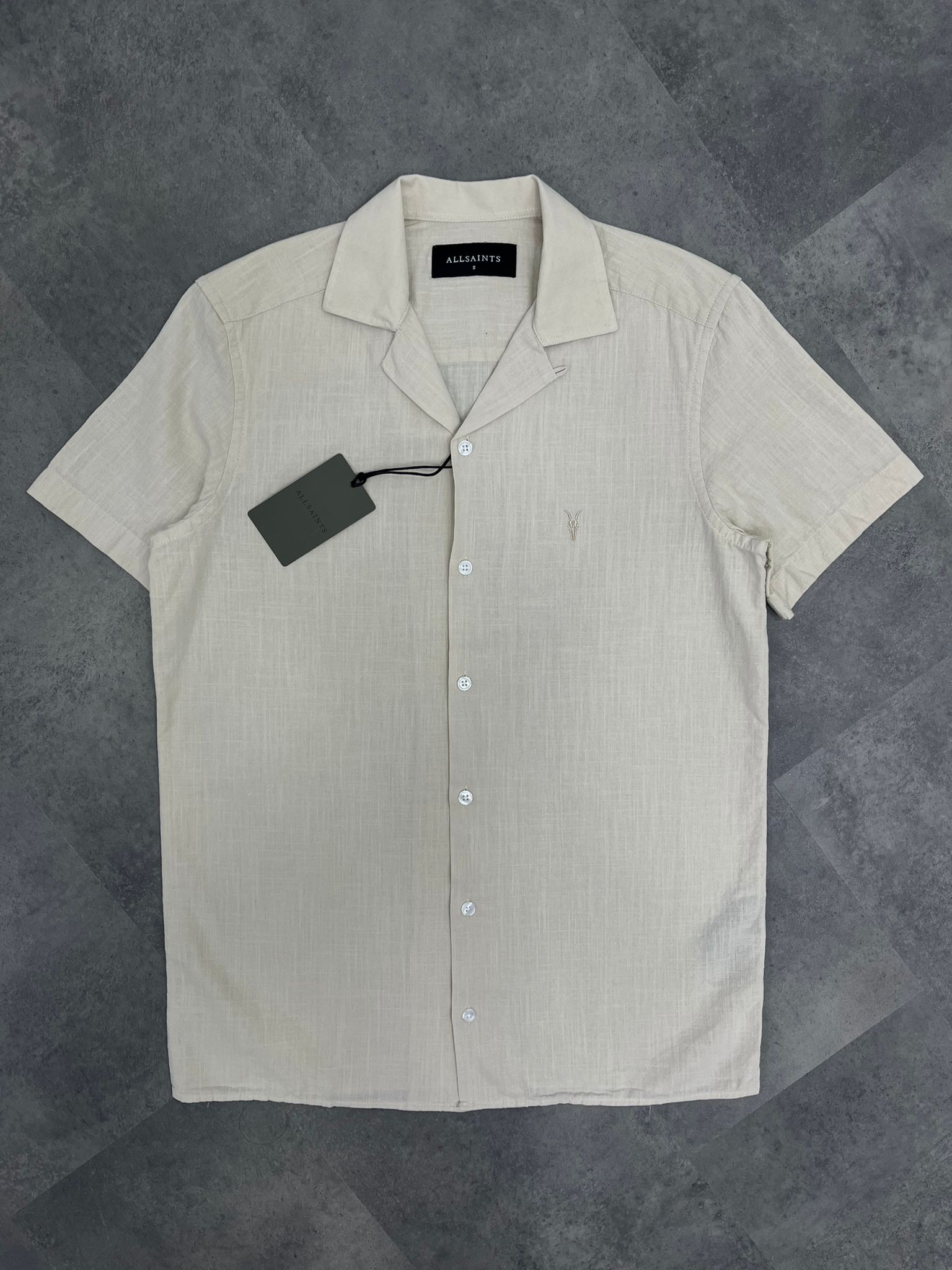 Yeni Sezon Basic Mini Logo Yarım Kollu Keten Cream  Gömlek