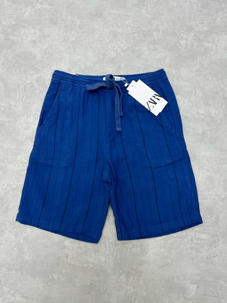 Blue Basic Çizgili Keten Slim Şort
