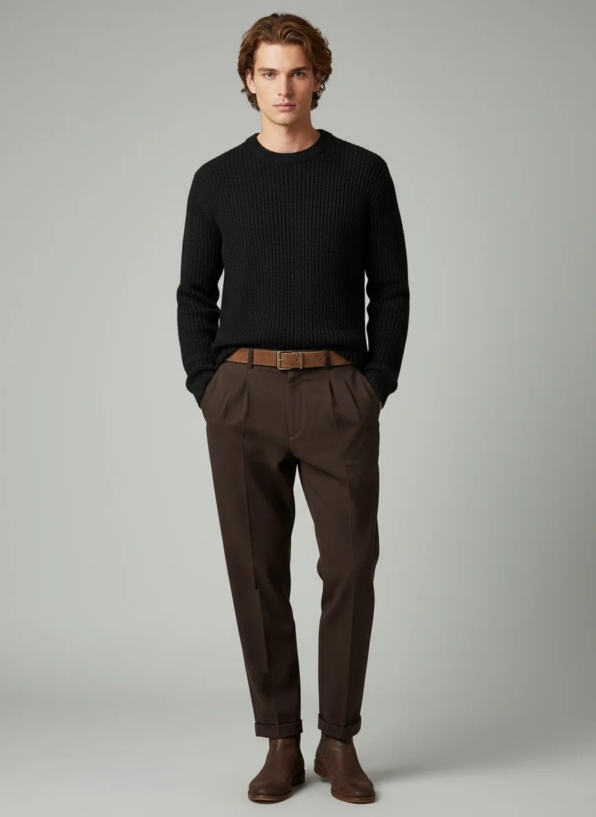 Yeni Sezon Kemerli İtalyan Kumaş Kalın Kışlık Casual Pantalon - KAHVERENGİ