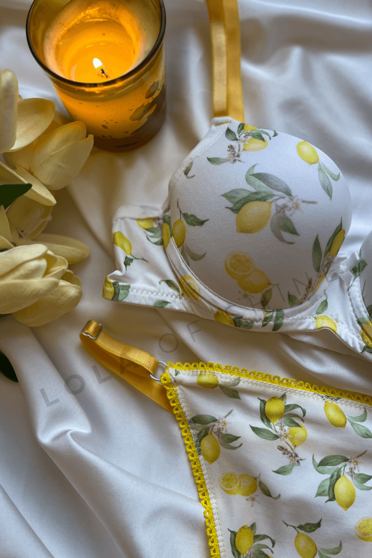 Amália Koleksiyonu - Limon Desenli Push-Up Bralet ve Tanga Külot Seti