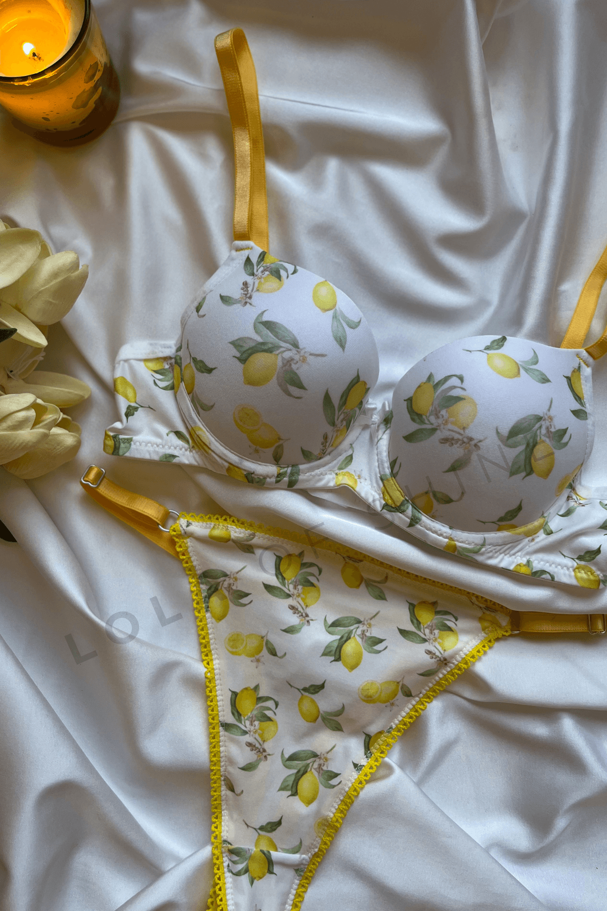 Amália Koleksiyonu - Limon Desenli Push-Up Bralet ve Tanga Külot Seti