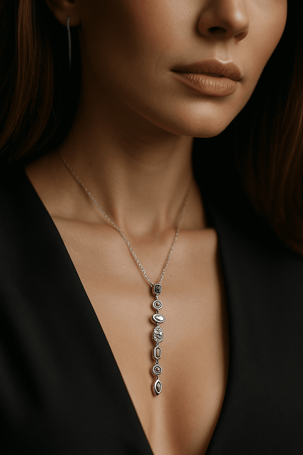 Silver Renkli Zirkon Taşlı Kolye Çelik