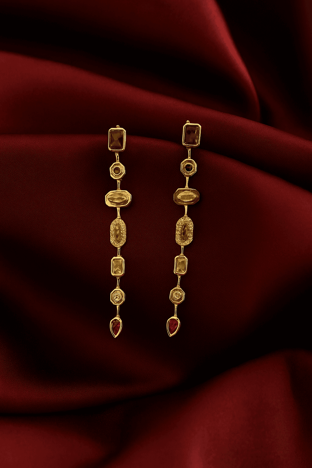 Renkli Zirkon Taşlı Uzun Gold Küpe Çelik