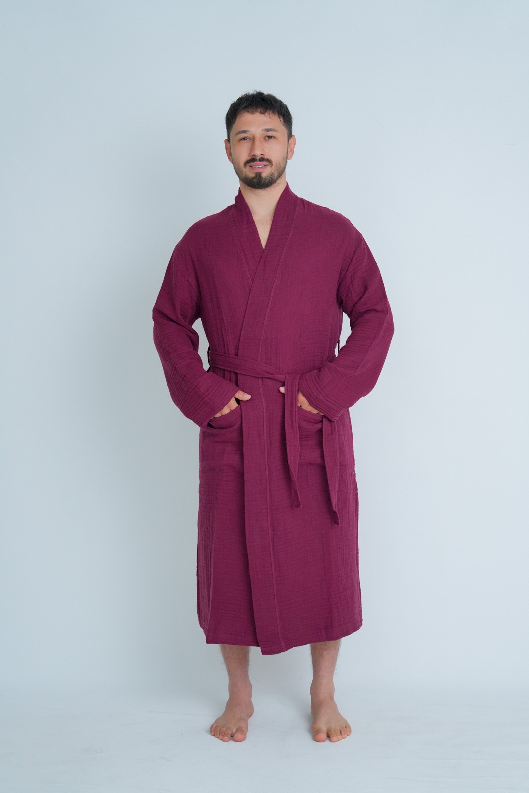 Müslin Bornoz - Sabahlık Kimono Modeli Bordo