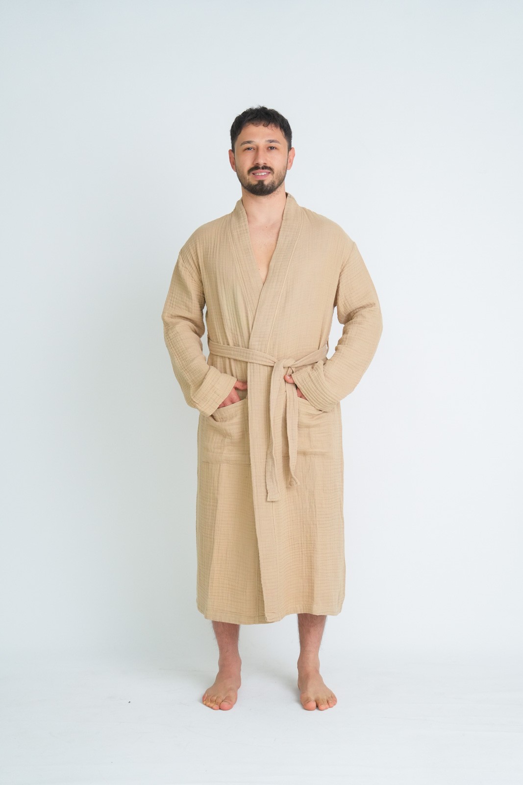 Müslin Bornoz-Sabahlık Kimono Modeli  Bej