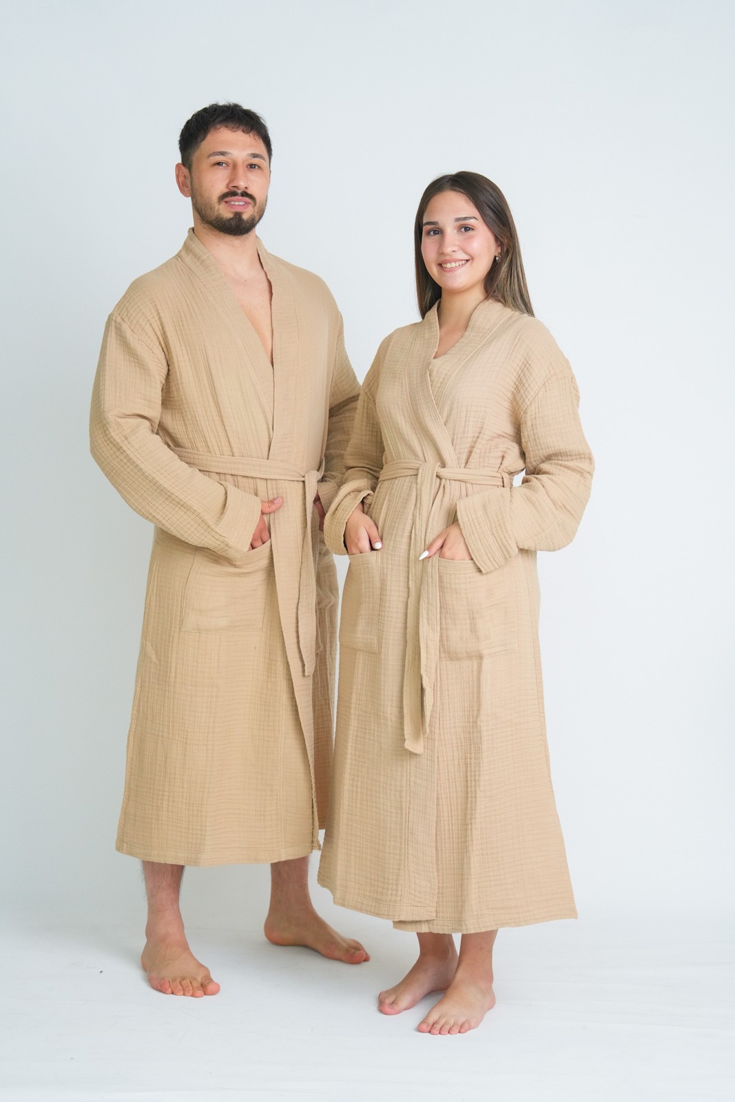 Müslin Bornoz-Sabahlık Kimono Modeli  Bej