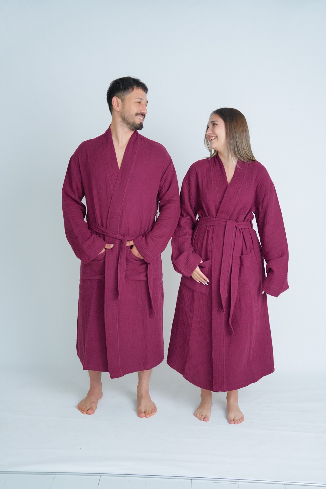 Müslin Bornoz - Sabahlık Kimono Modeli Bordo
