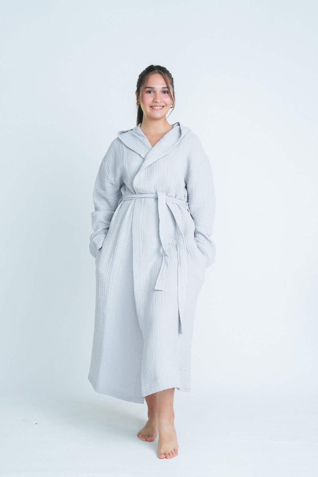 Müslin Bornoz - Sabahlık Kapüşonlu Modeli Soft Gri