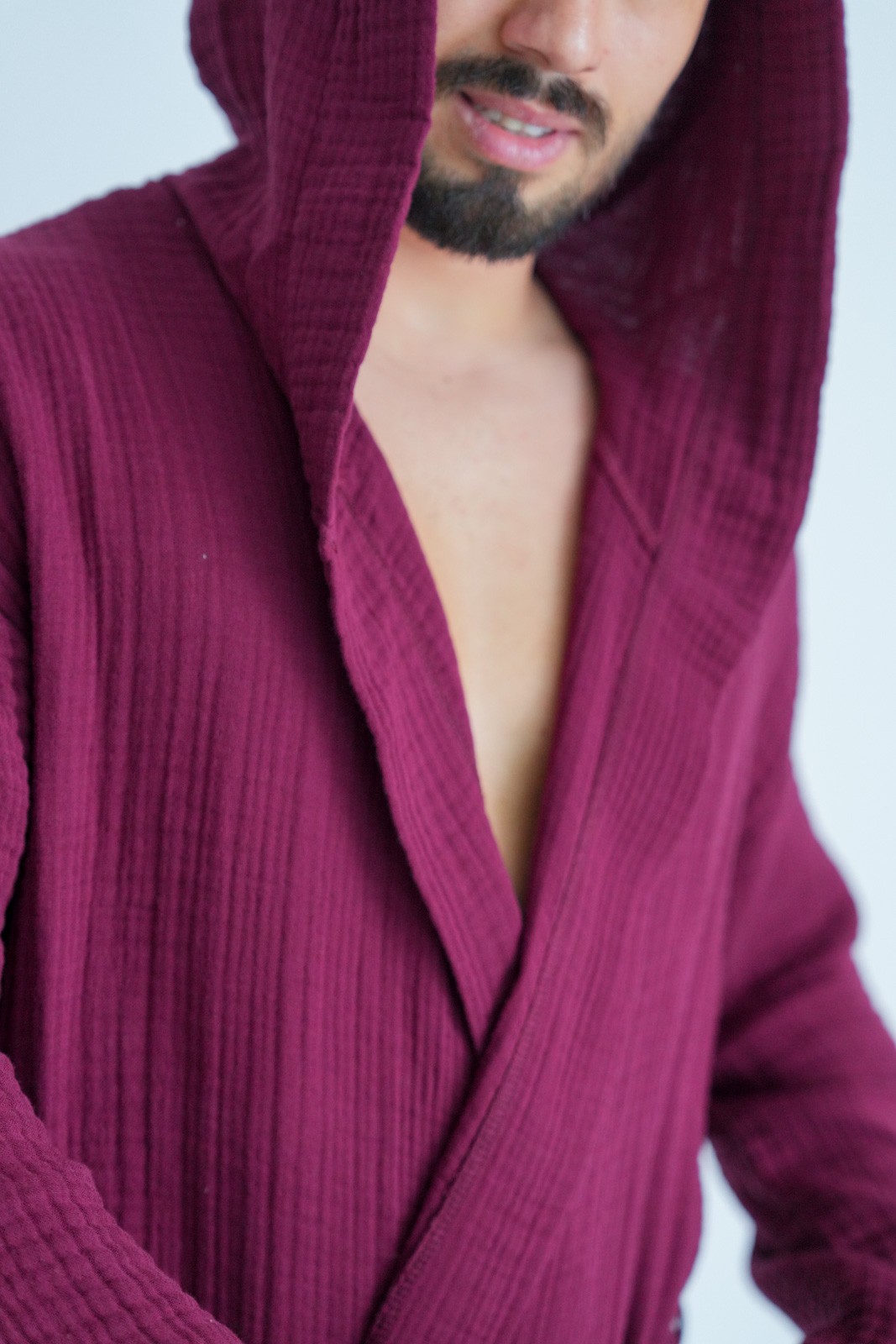 Müslin Bornoz-Sabahlık Kapüşonlu Model Bordo