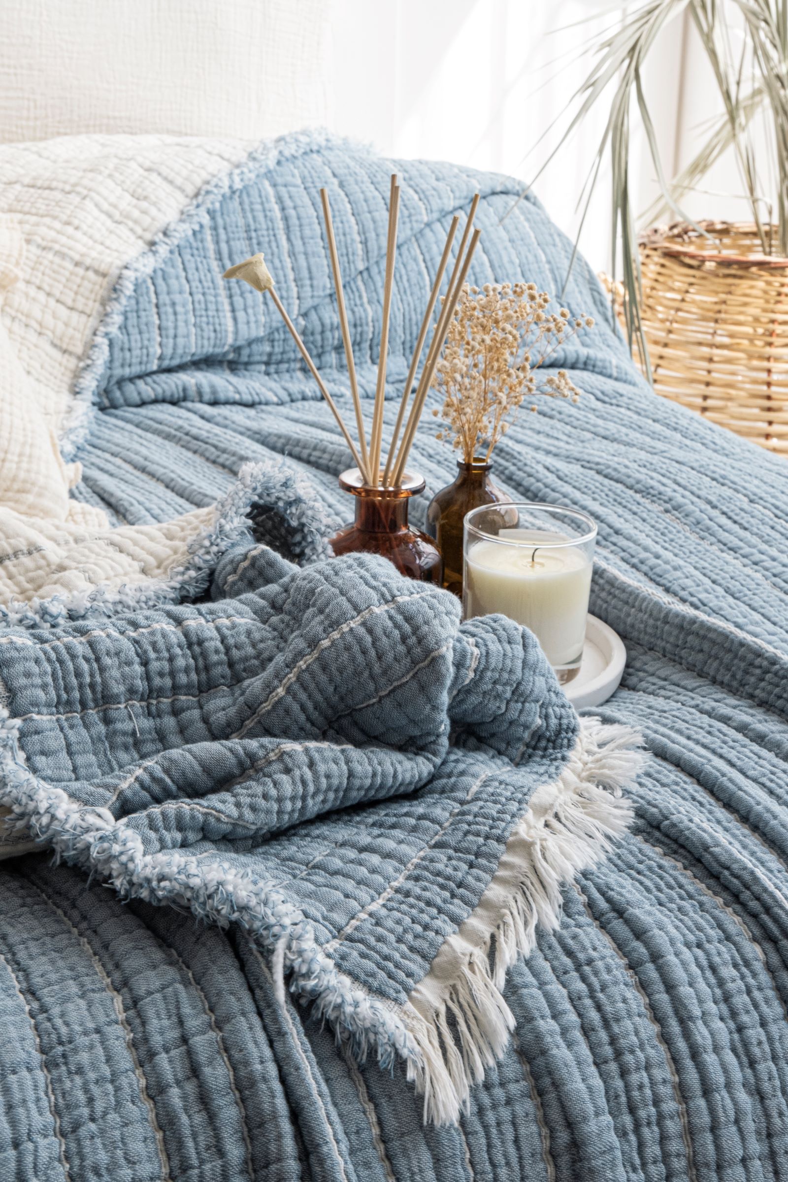 Müslin  Fitilli Soft Yorgan 7 Katlı Dolgulu İndigo