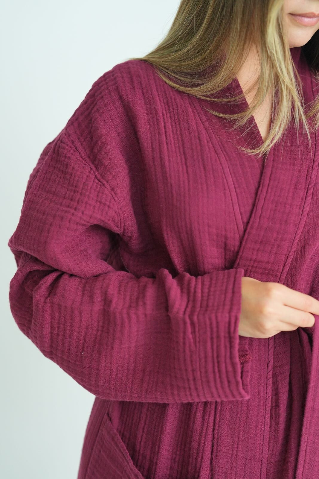 Müslin Bornoz - Sabahlık Kimono Modeli Bordo