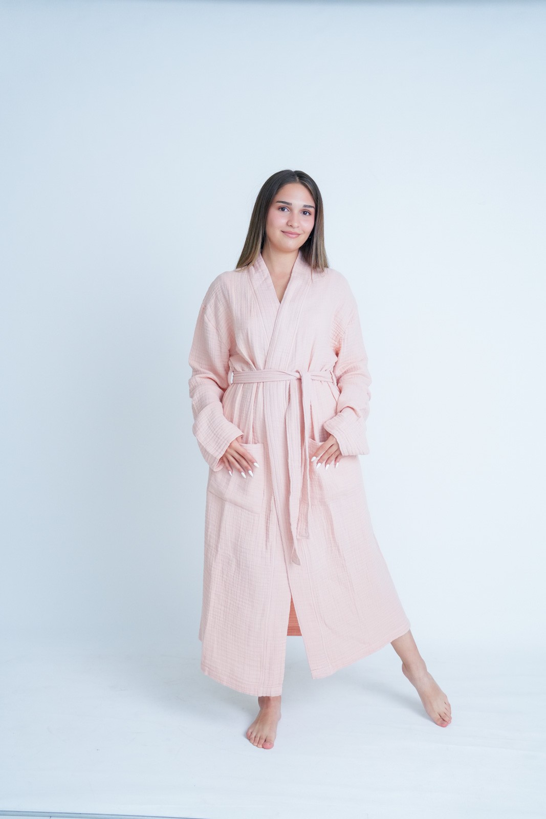 Müslin Bornoz/Sabahlık Kimono Modeli Pudra