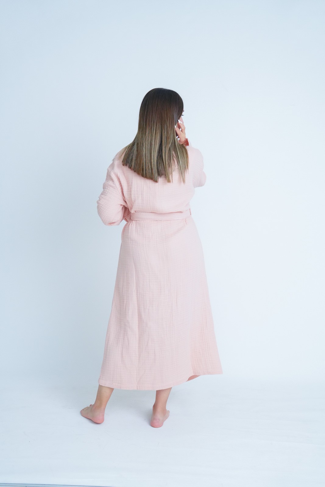 Müslin Bornoz/Sabahlık Kimono Modeli Pudra