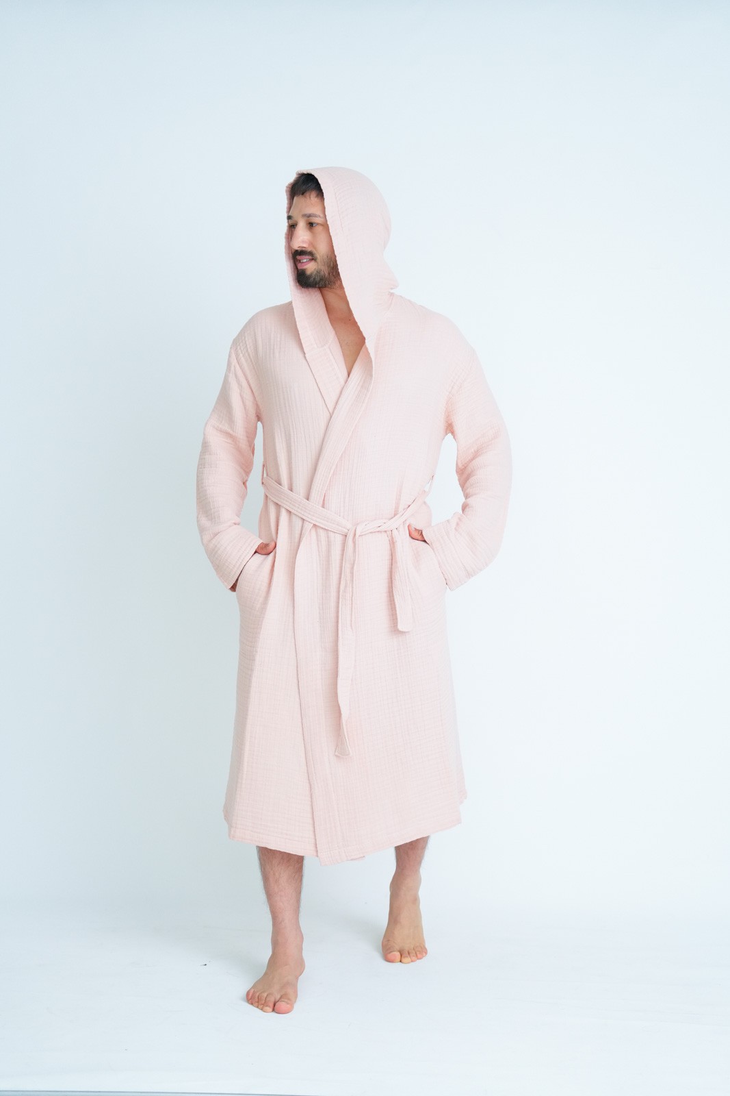Müslin Bornoz-Sabahlık Kapüşonlu Model Pudra