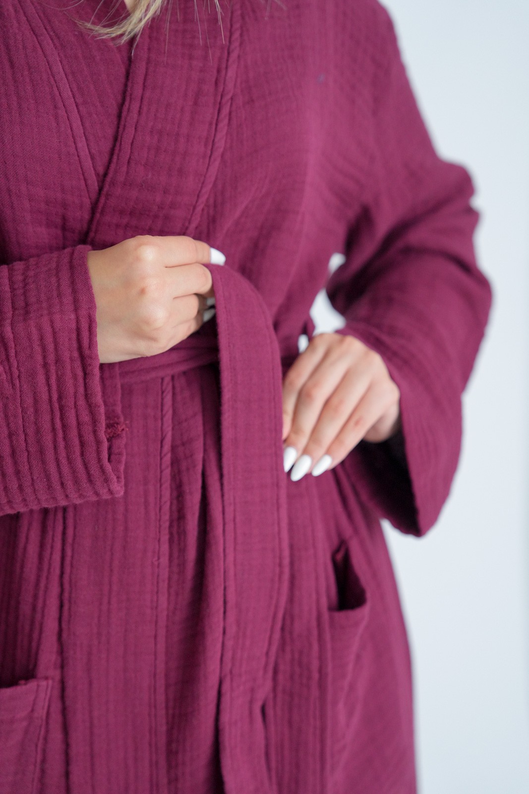 Müslin Bornoz - Sabahlık Kimono Modeli Bordo