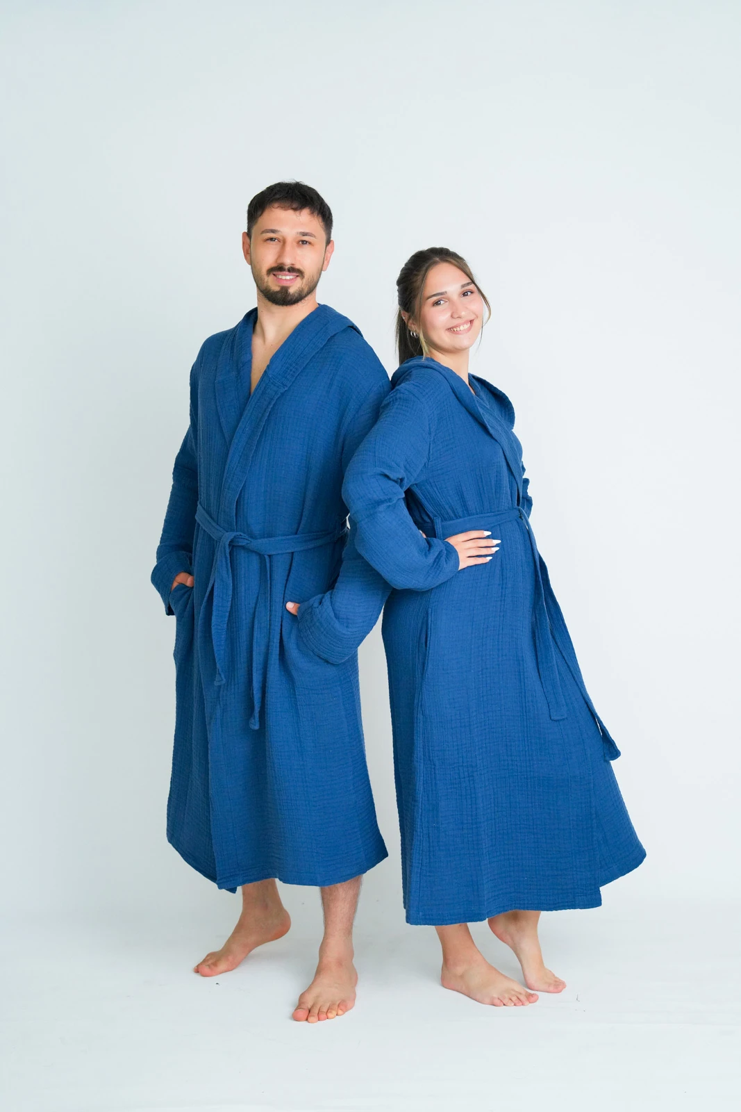 Outlet Kapüşonlu Mavi Bornoz 