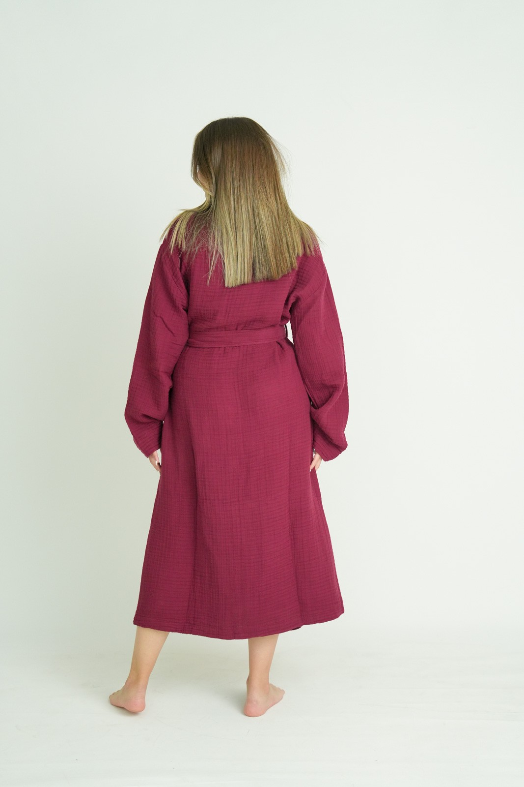 Müslin Bornoz - Sabahlık Kimono Modeli Bordo