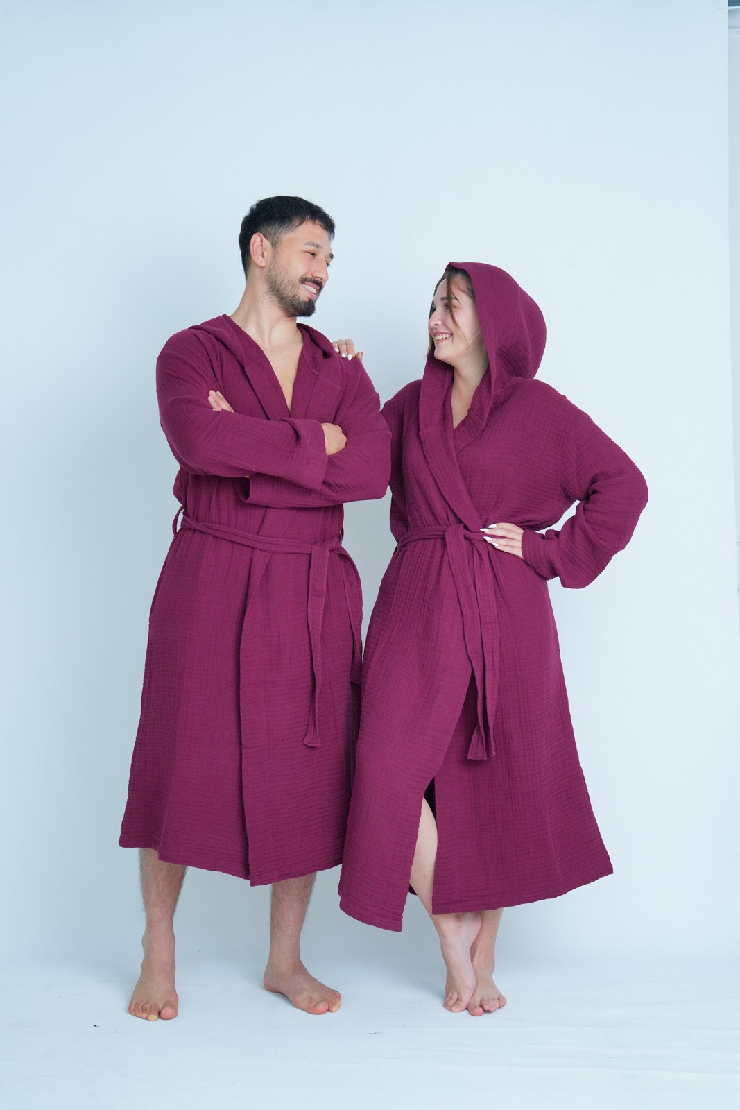 Müslin Bornoz-Sabahlık Kapüşonlu Model Bordo