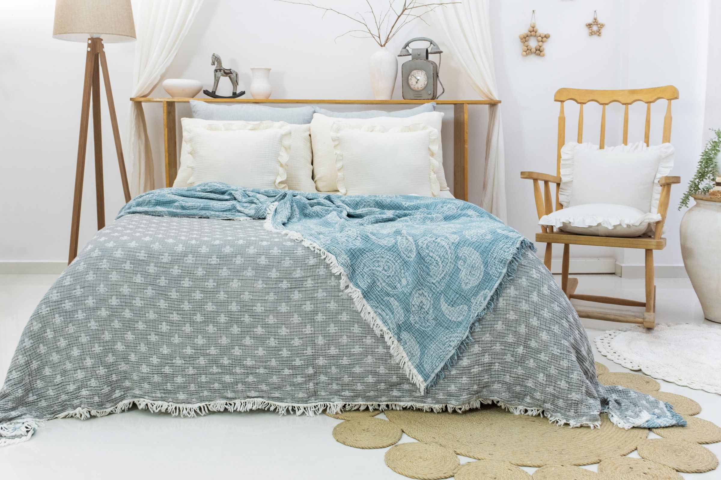 Nazar Müslin Şal Desen Çift Yönlü Yatak Örtüsü