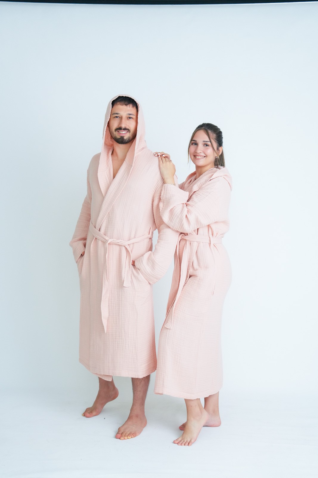 Müslin Bornoz-Sabahlık Kapüşonlu Model Pudra