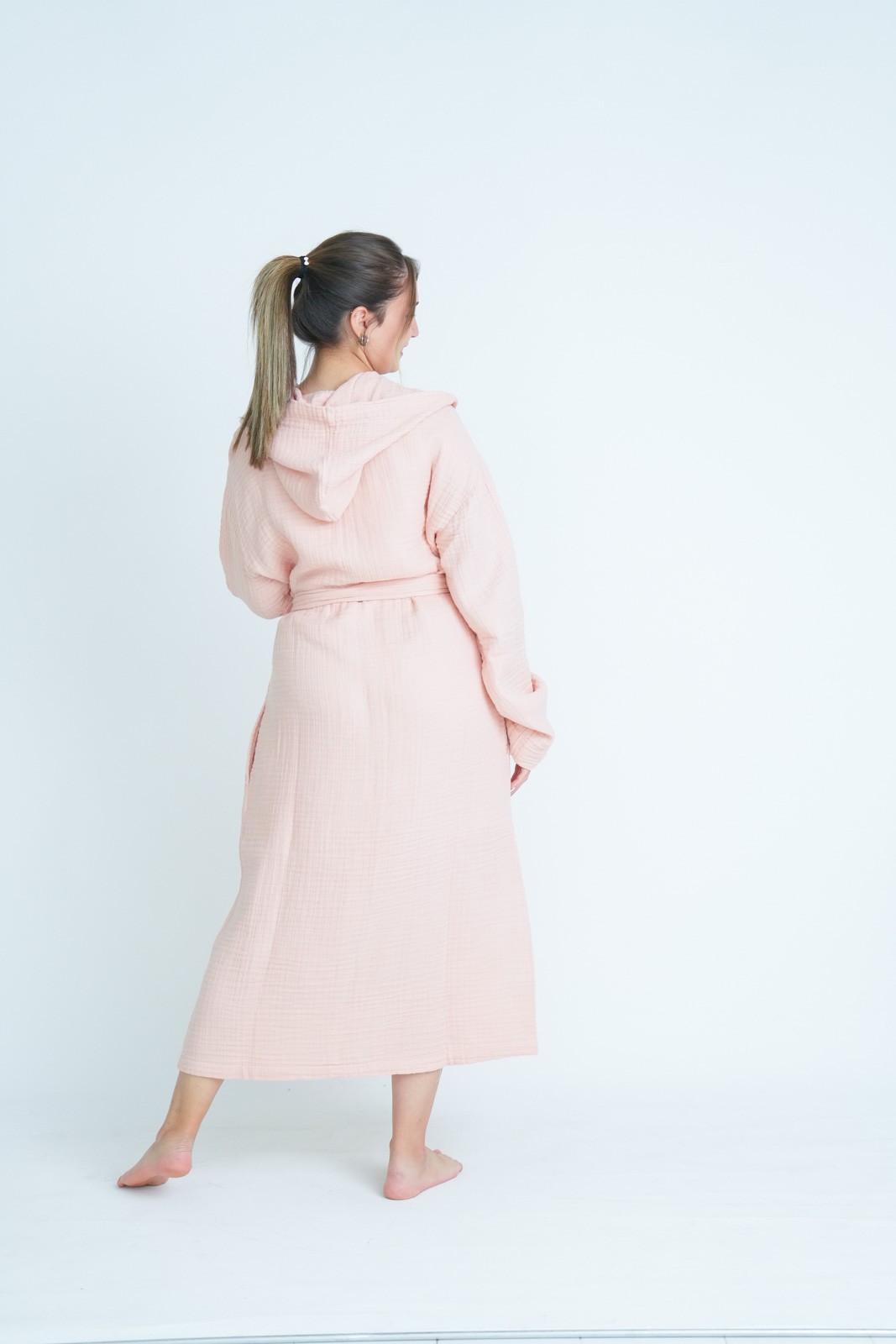 Müslin Bornoz-Sabahlık Kapüşonlu Model Pudra