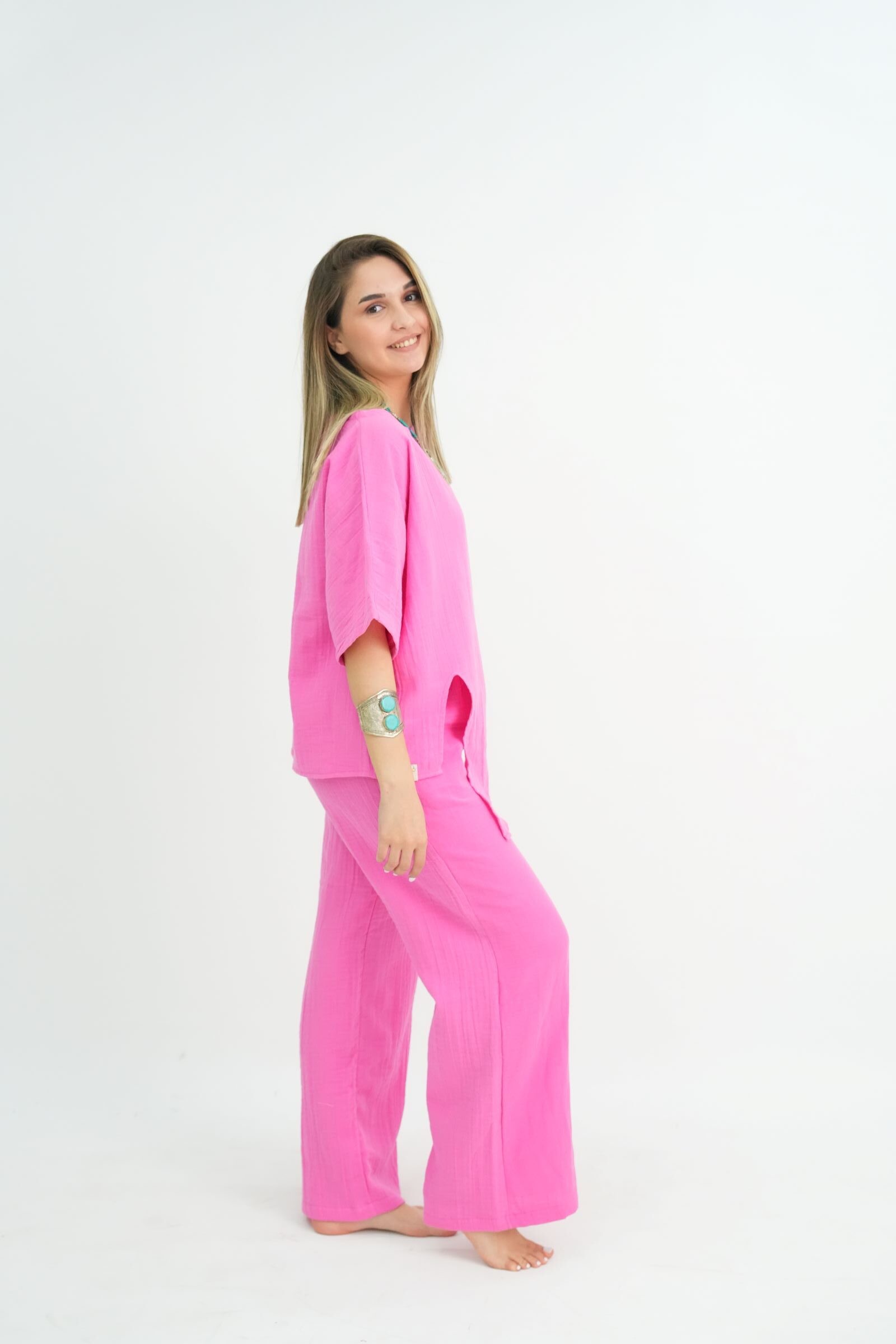 Bohem Müslin Bol Paça Pembe Pantolon