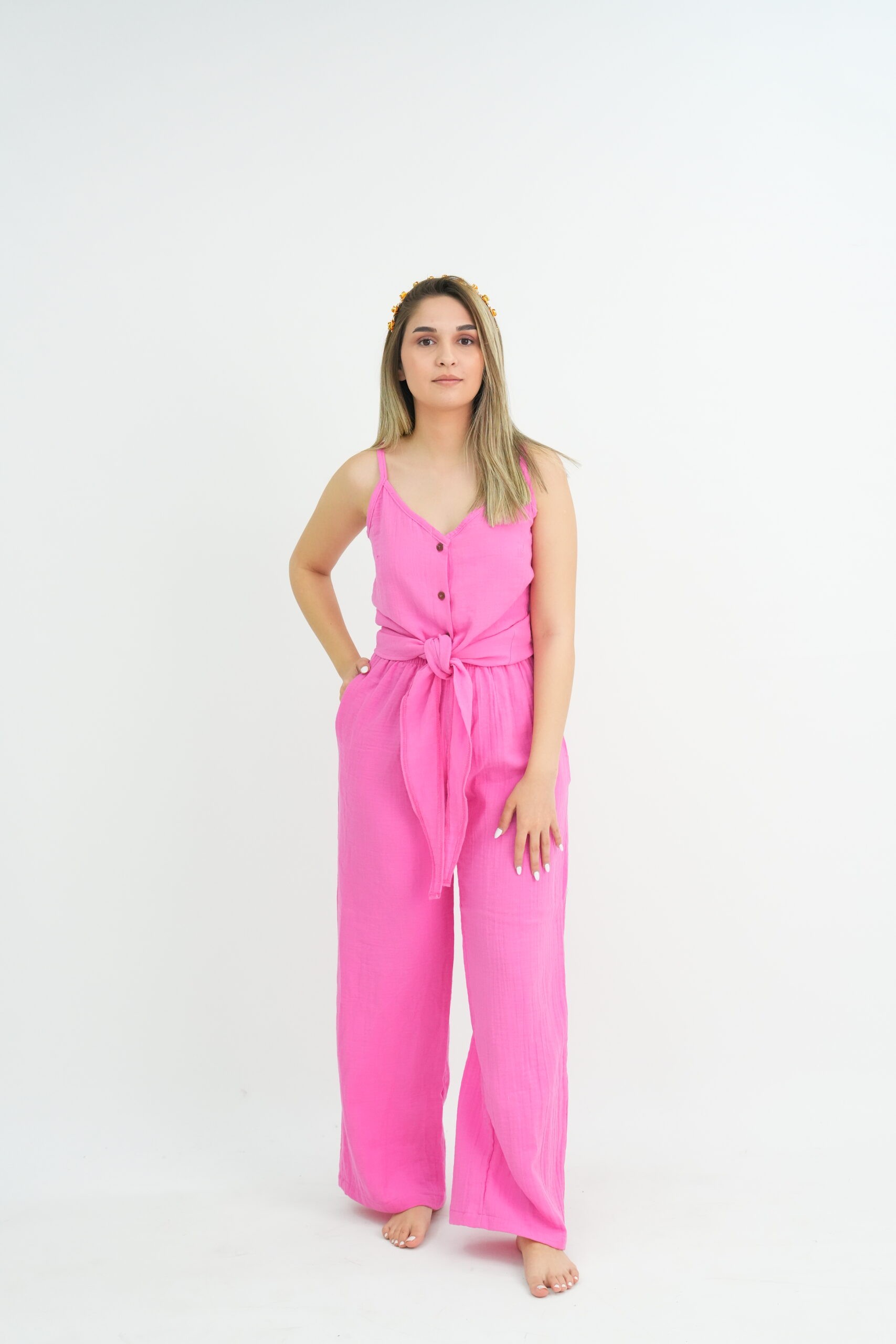 Bohem Müslin Bol Paça Pembe Pantolon