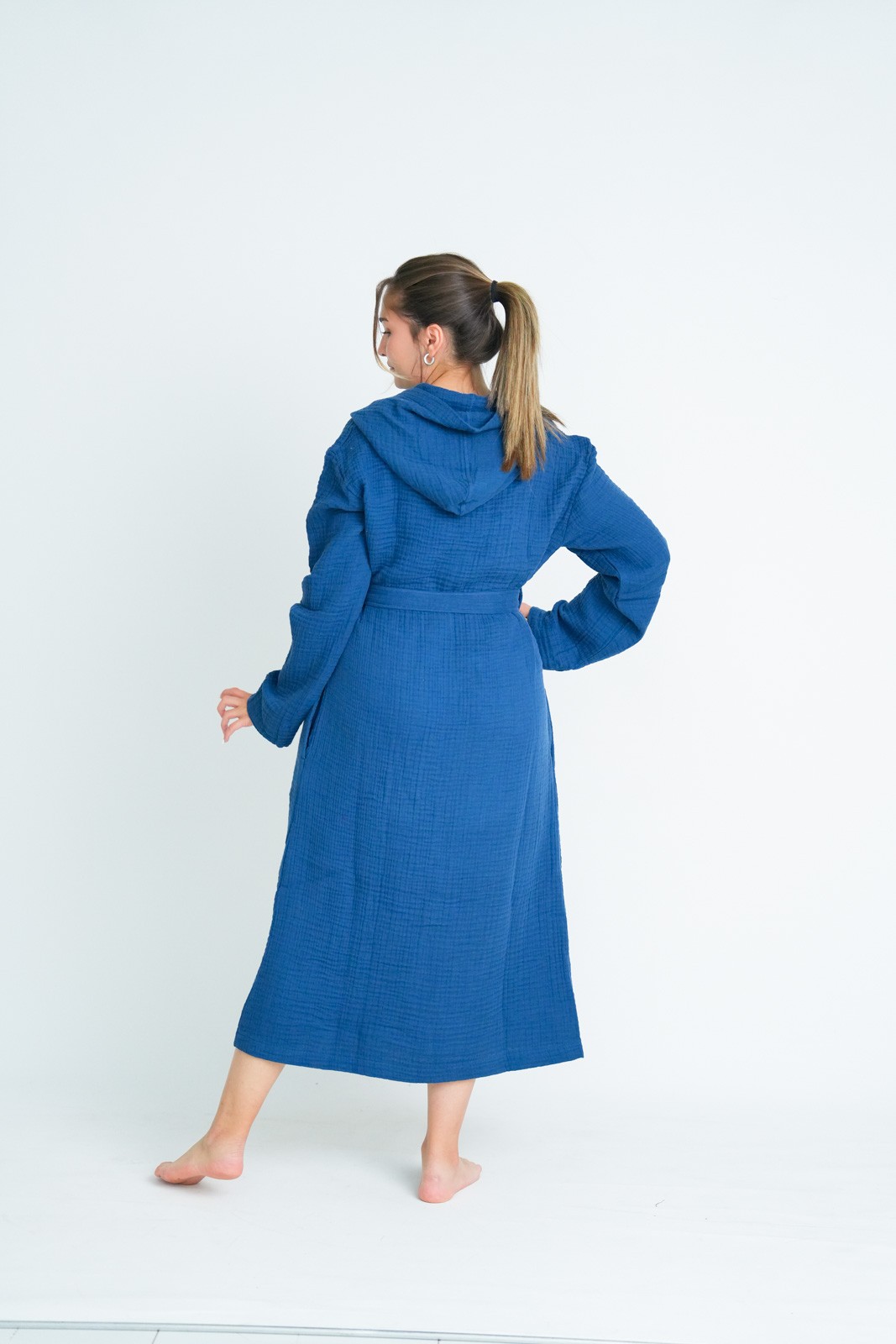 Müslin Bornoz/Sabahlık Kapüşonlu Model Lacivert