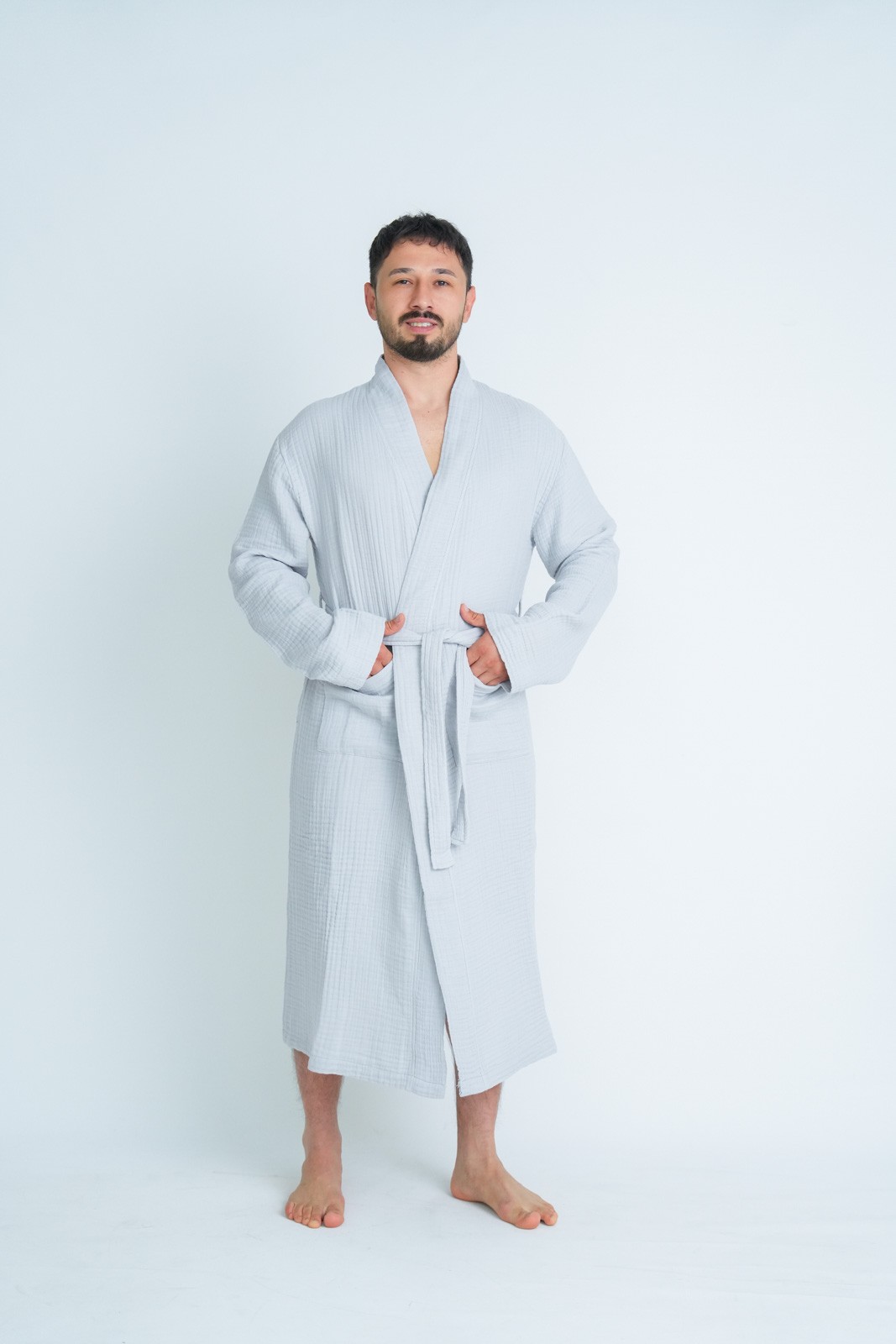 Müslin Bornoz-Sabahlık Kimono Modeli Soft Gri