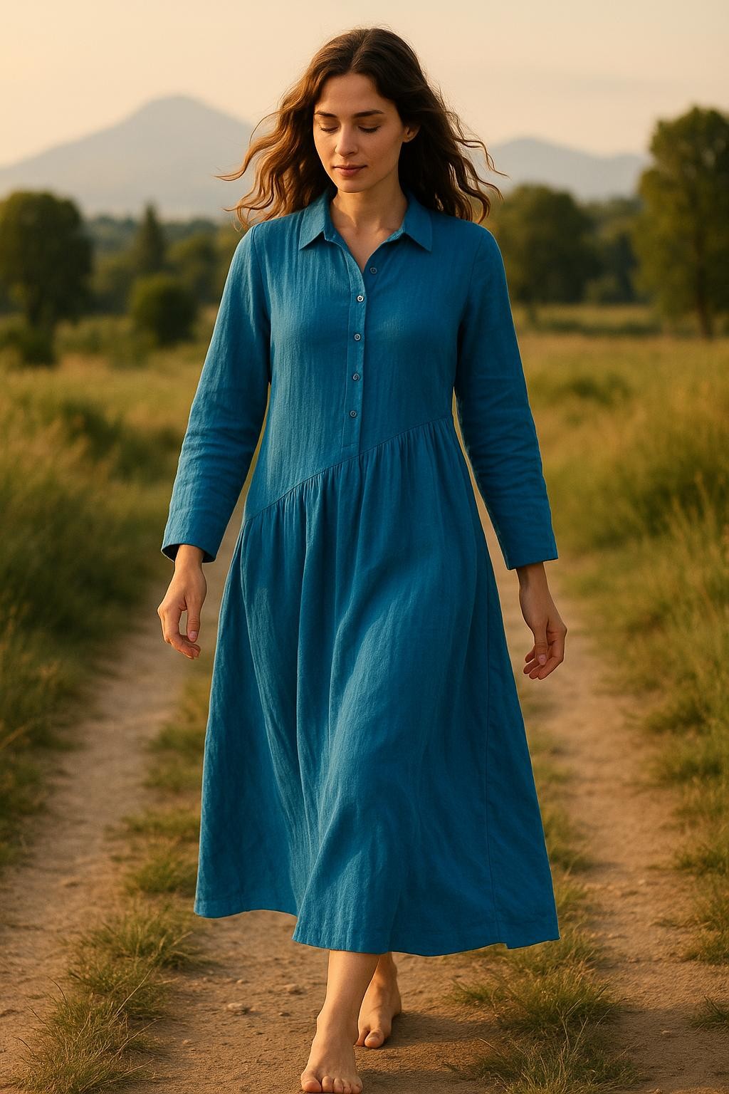  Müslin Çapraz Büzgülü  Elbise - indigo