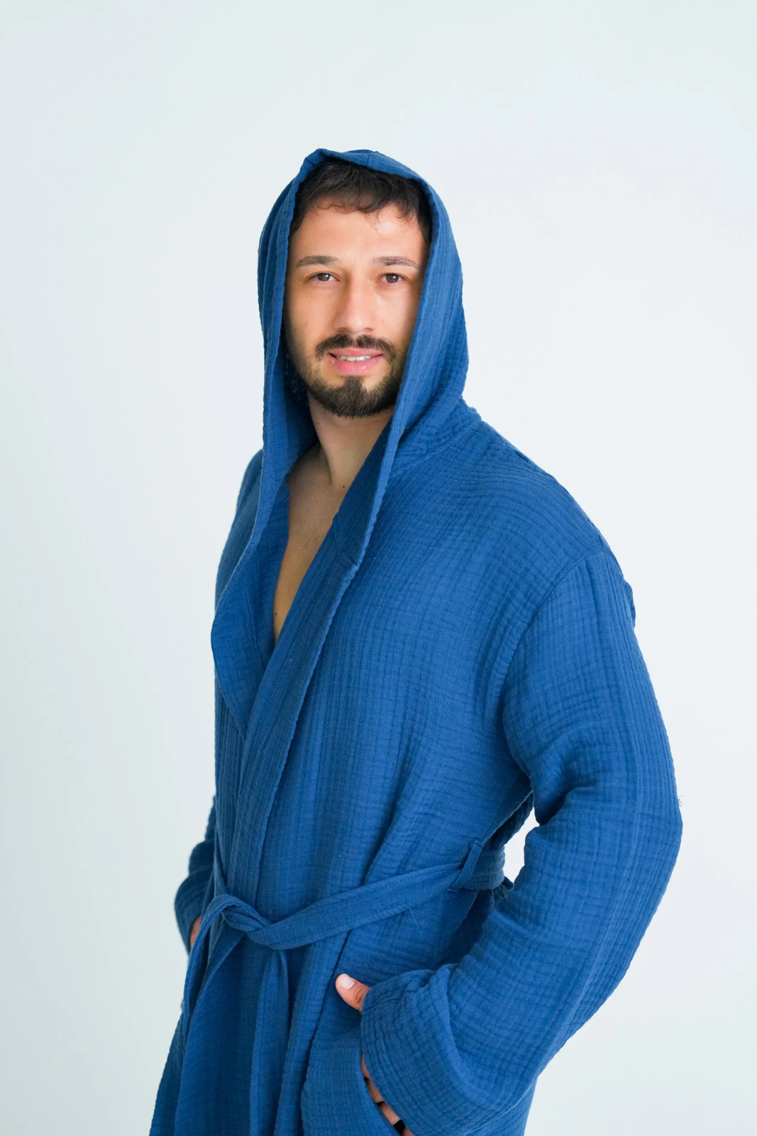 Outlet Kapüşonlu Mavi Bornoz 