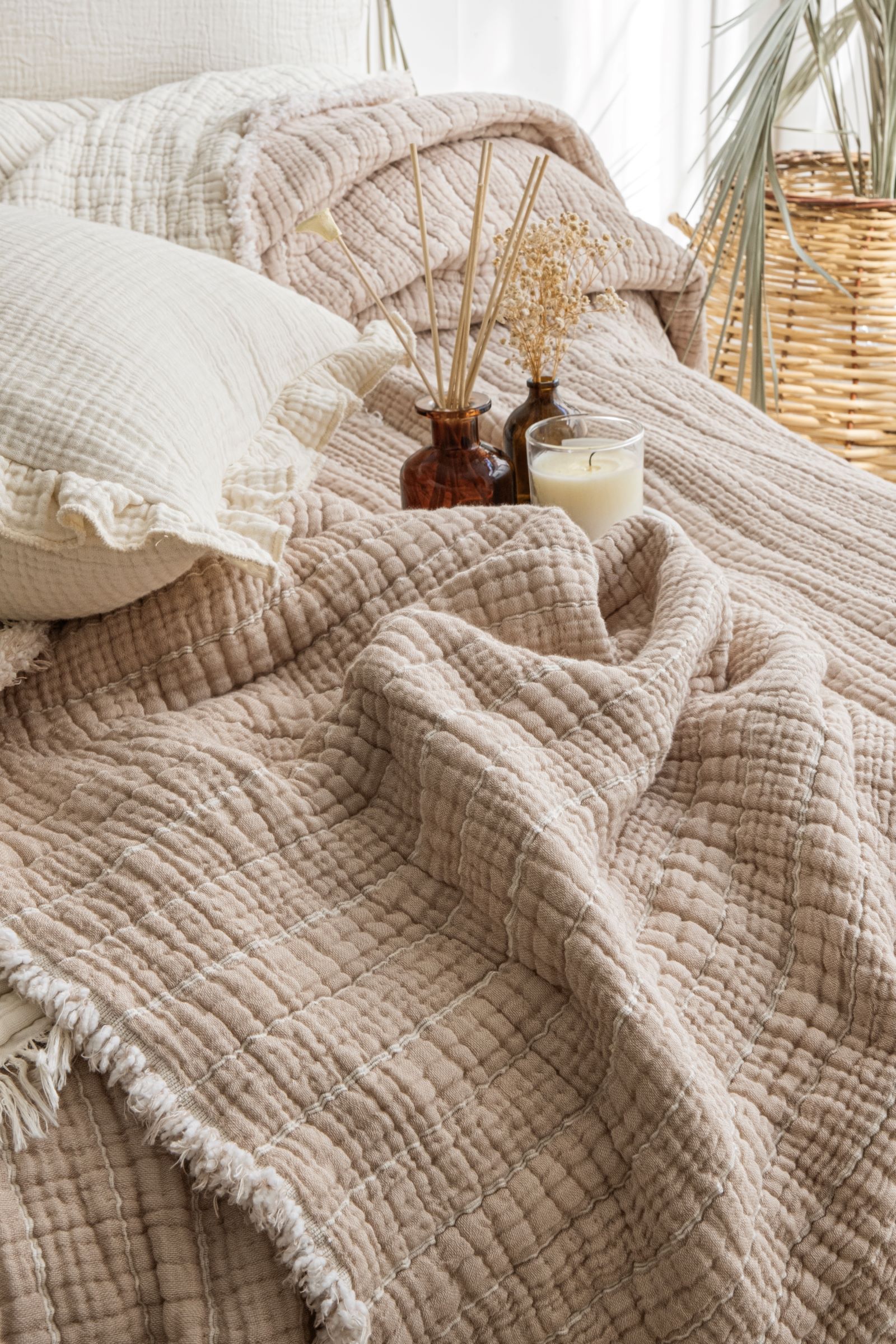 Müslin Fitilli Soft Yorgan 7 Katlı Dolgulu  Bej