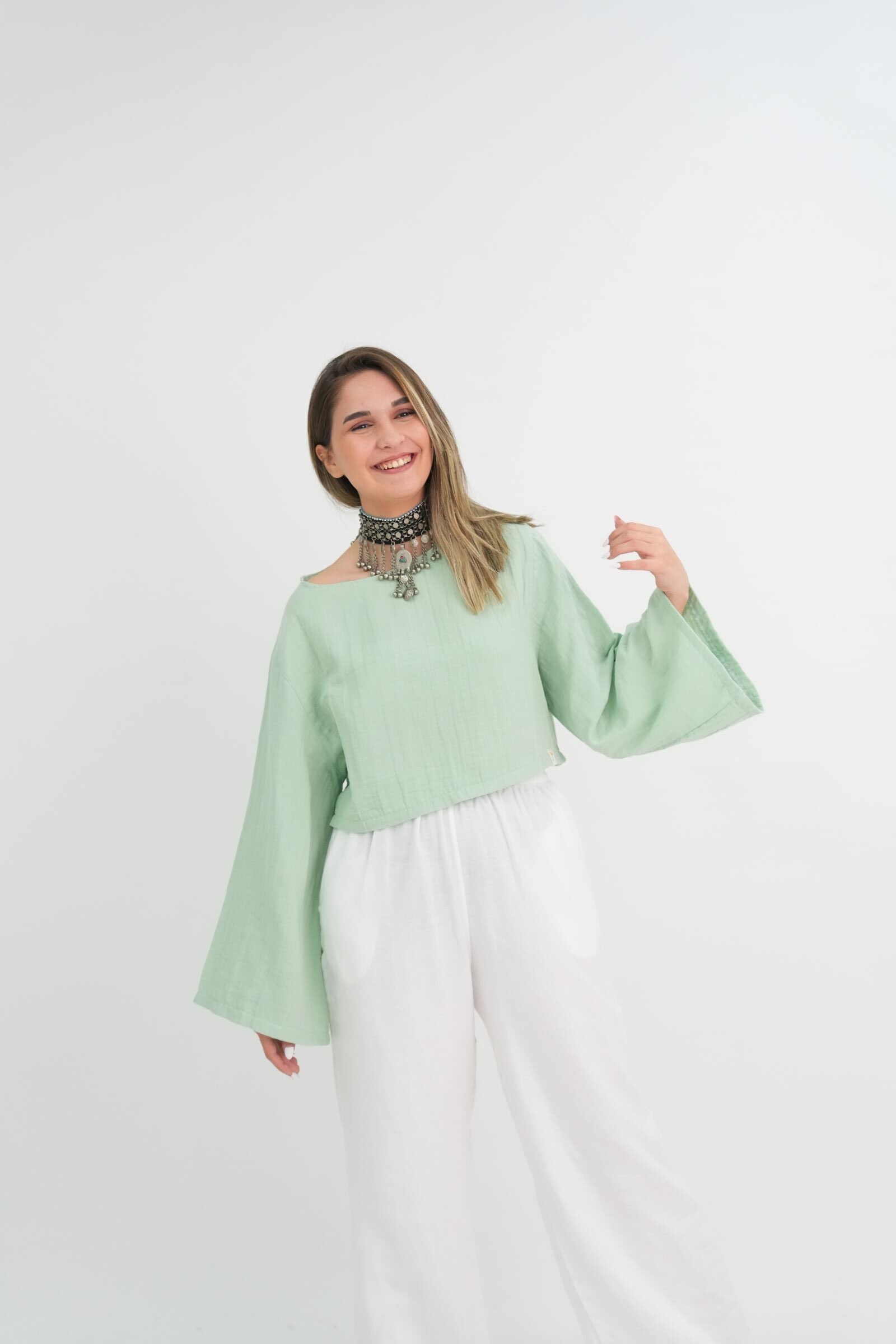 Bohem Müslin Kadın Yeşil Uzun Kollu Crop