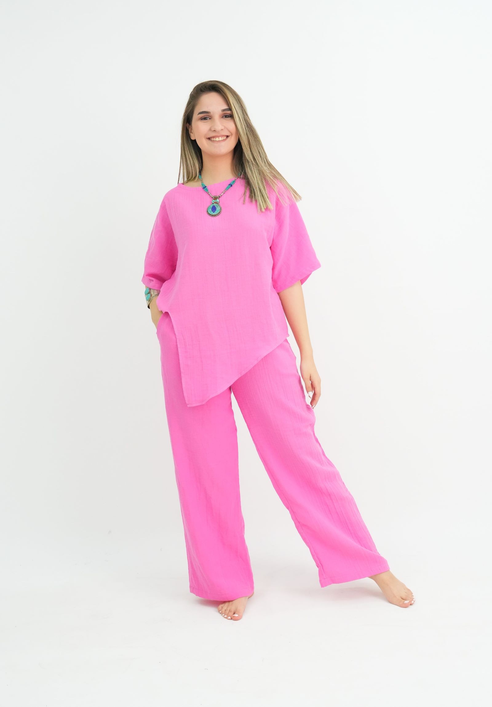 Bohem Müslin Bol Paça Pembe Pantolon