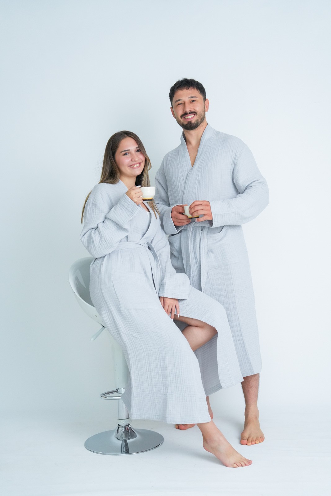 Müslin Bornoz-Sabahlık Kimono Modeli Soft Gri