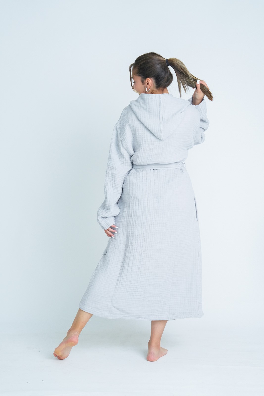 Müslin Bornoz - Sabahlık Kapüşonlu Modeli Soft Gri