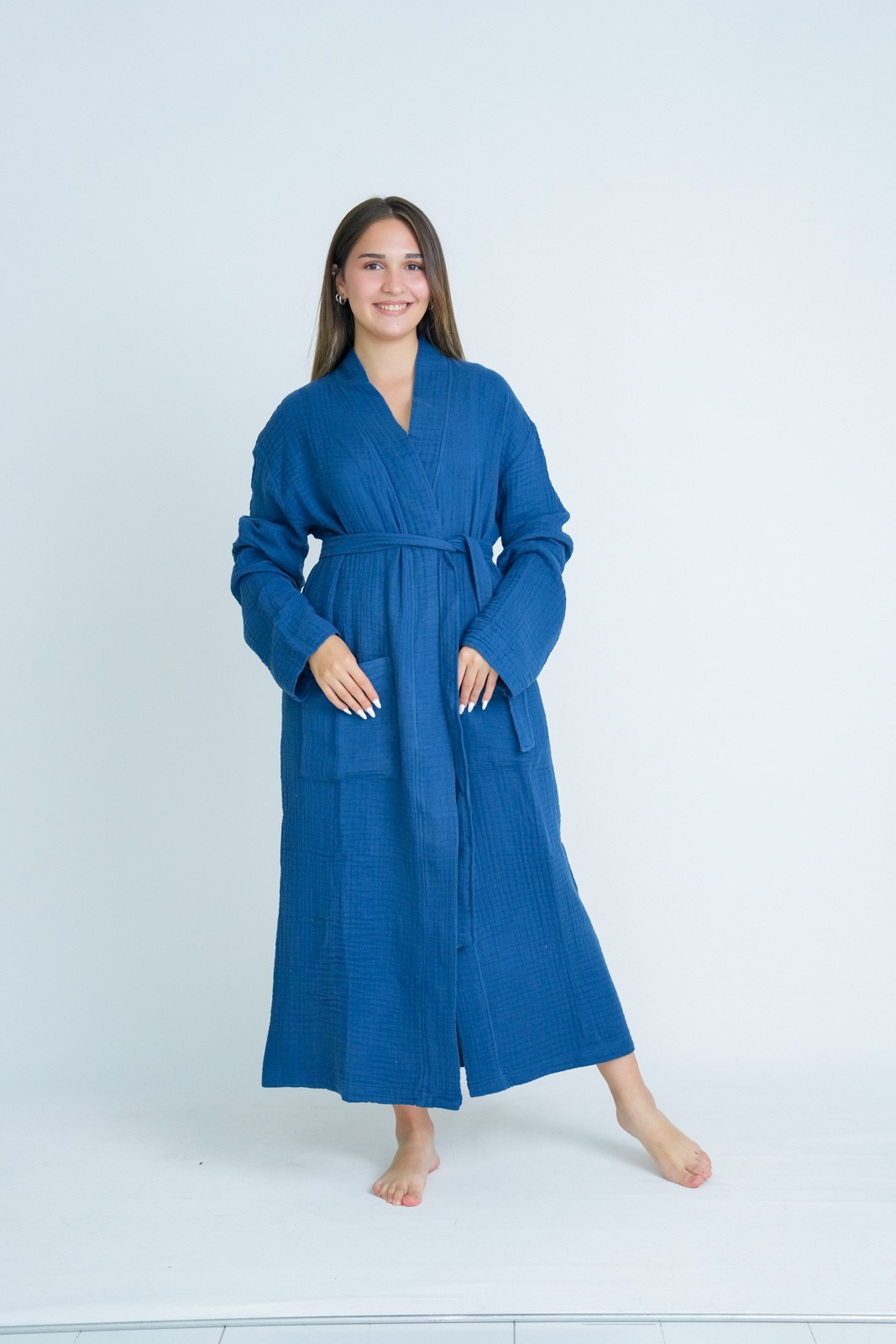 Müslin Bornoz-Sabahlık Kimono Modeli Mavi