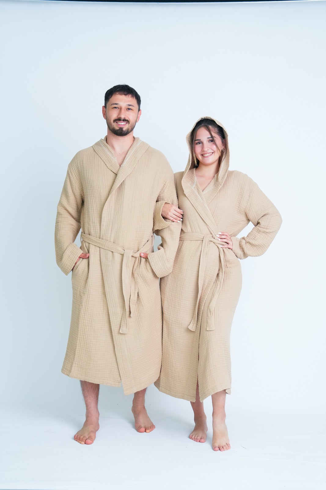 Müslin Bornoz Sabahlık Kapüşonlu Model Bej
