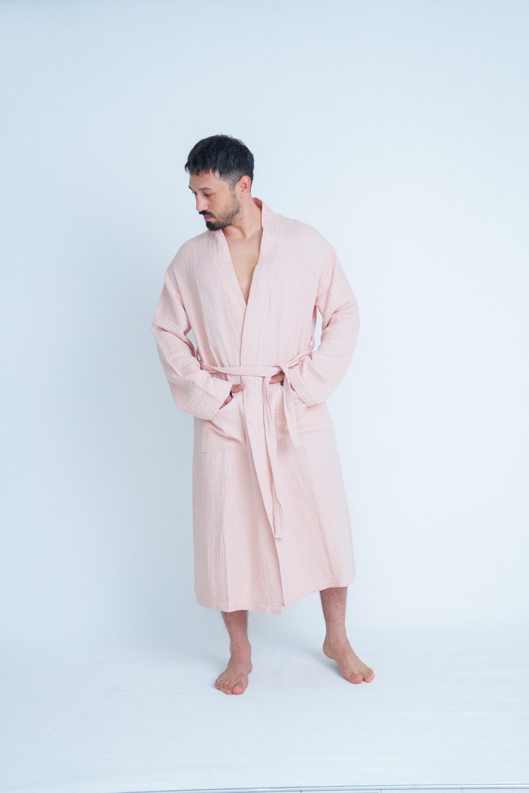 Müslin Bornoz/Sabahlık Kimono Modeli Pudra