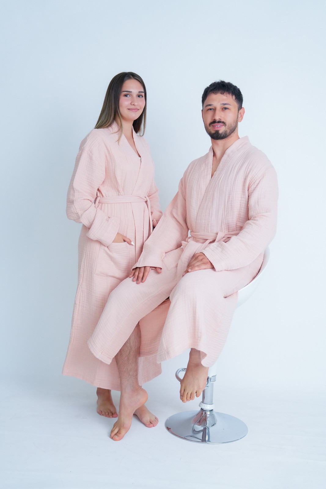 Müslin Bornoz/Sabahlık Kimono Modeli Pudra