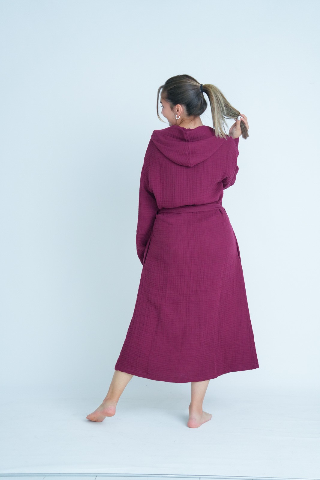 Müslin Bornoz-Sabahlık Kapüşonlu Model Bordo