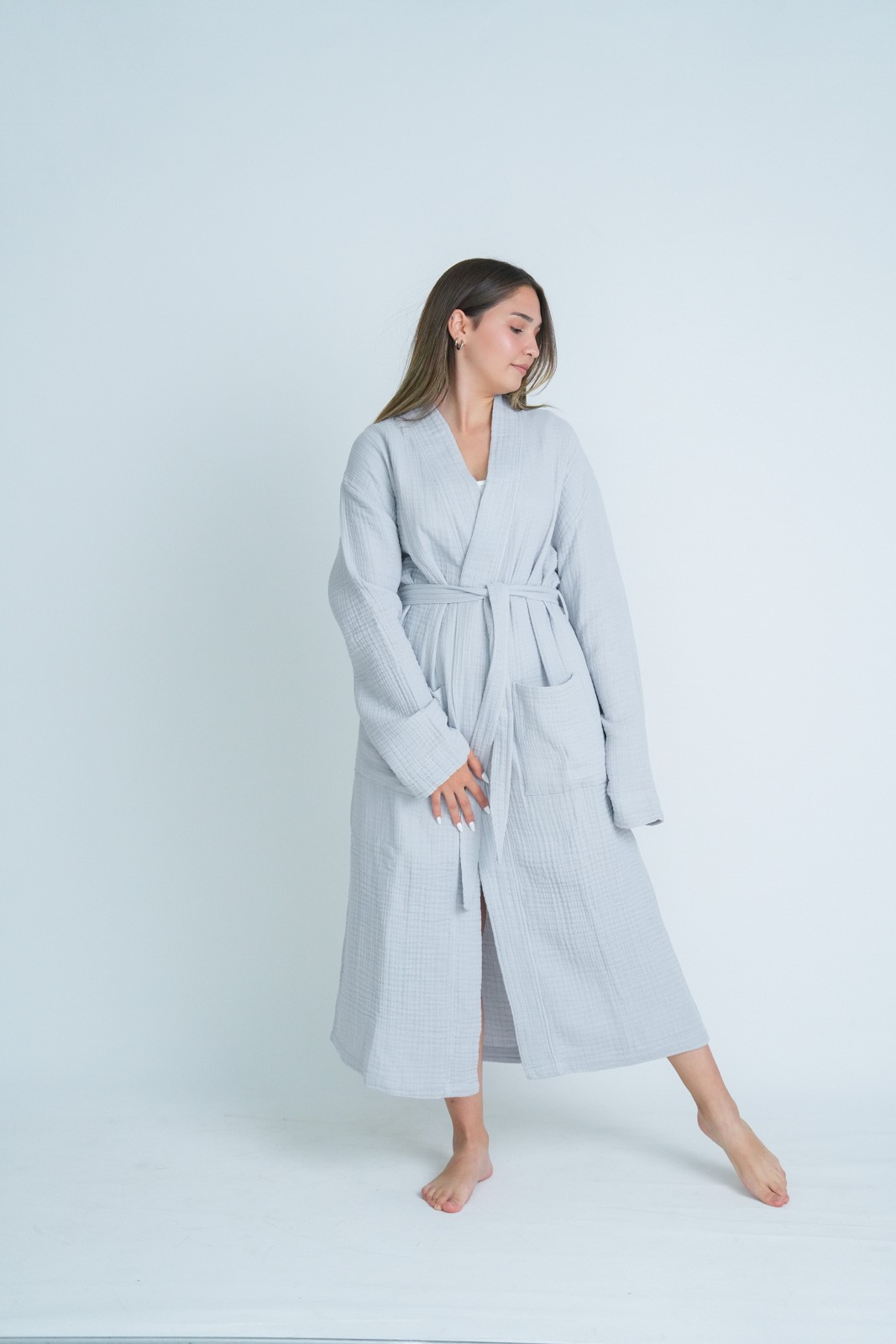 Müslin Bornoz-Sabahlık Kimono Modeli Soft Gri
