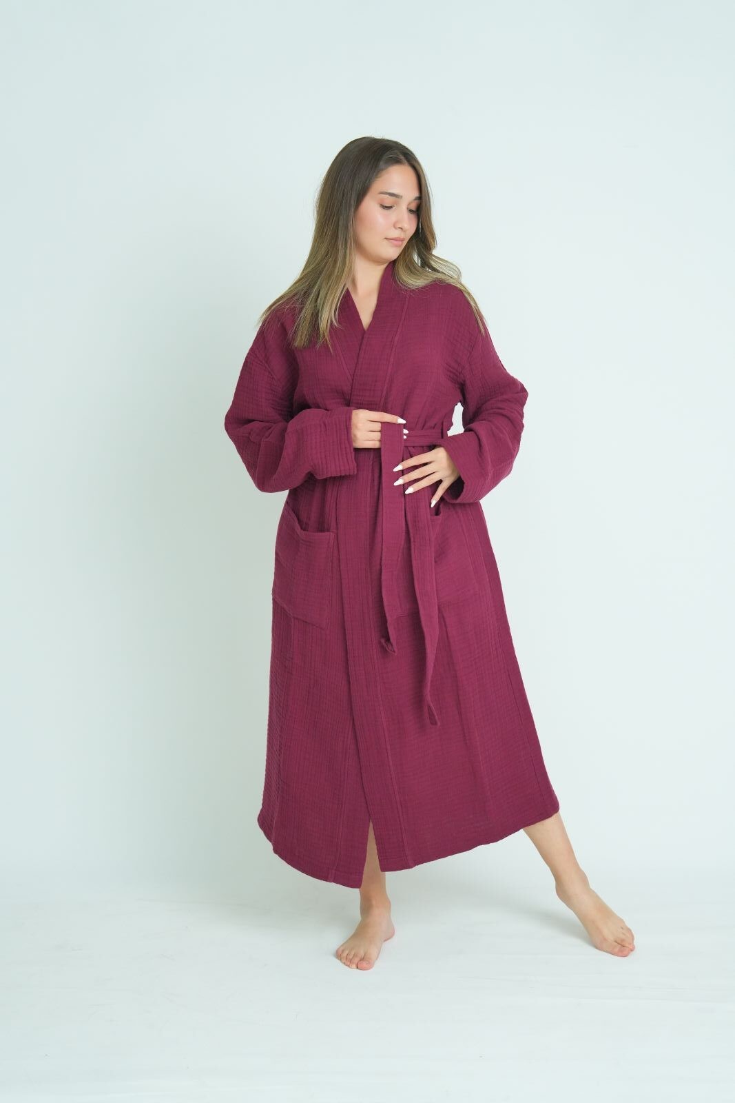 Müslin Bornoz - Sabahlık Kimono Modeli Bordo